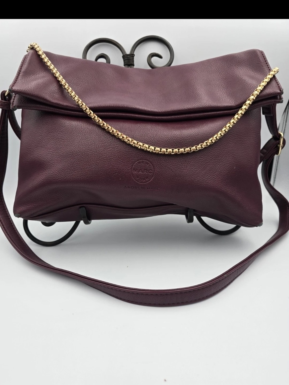 Andrew Marc Fold-Over Crossbody Bag in Plum with Gold Chain